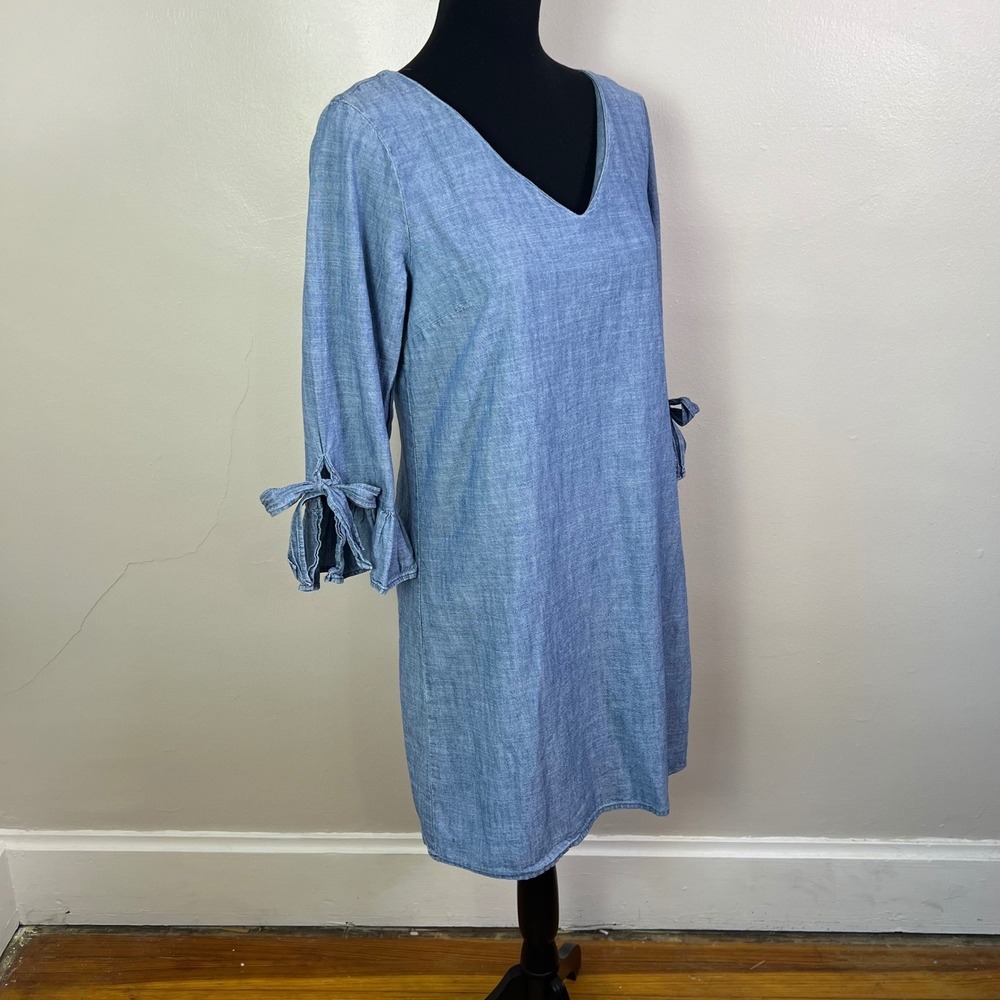 J. Crew Chambray V Neck Tie Sleeve Shift Dress Blue Size 6 - Picture 7 of 8